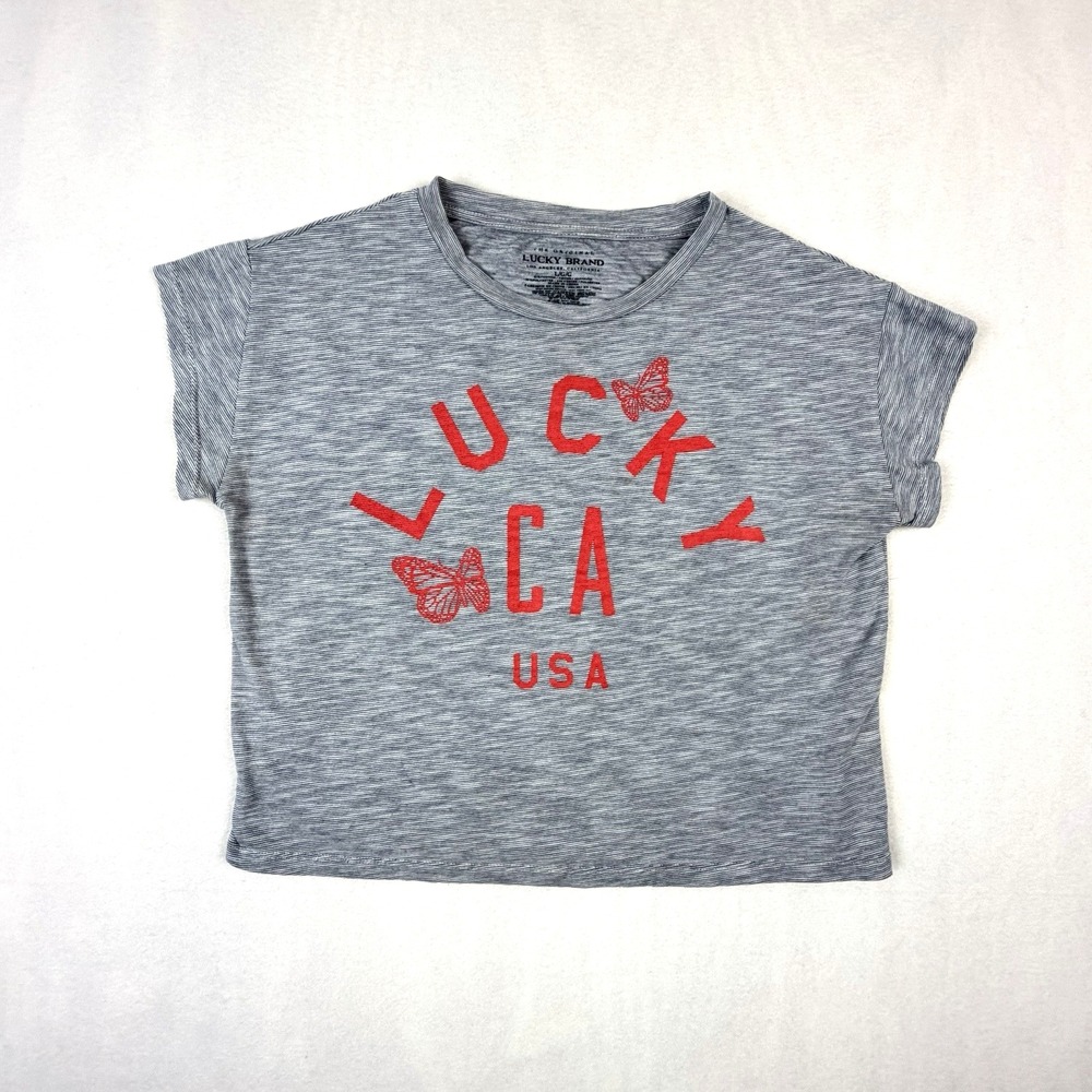 Lucky Brand Graphic Tee Womens L Crop Heather Gray Short Sleeve CA USA Butterfly